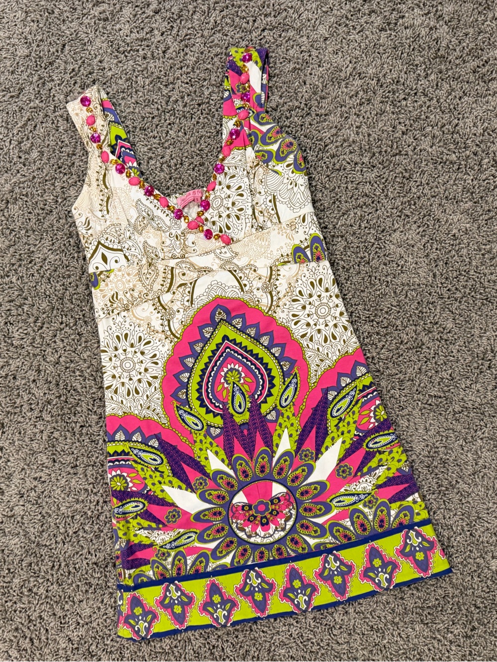 Joyous & Free Sleeveless White Boho Print Dress with Pink & Lime Accents, size S